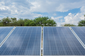 Closeup of solar panels on a green field