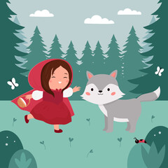 Little Red Riding Hood and gray wolf on forest background. Classical fairy tale for children. Cute kawaii cartoon characters. Girl with basket in hands. Vector illustration.