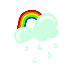 Cute cloud and rainbow vector illustration. Vector cloud with rain. Bright illustration of children's theme. Vector drawing. White background. Rainbow covered by clouds in blue sky.