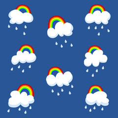 Pattern of cute clouds with a rainbow. Vector rainbow with a cloud. Positive childish illustration. Bright print for textiles. Dark blue isolated background.