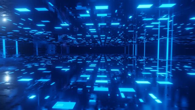 Fly through technology cyberspace with neon glow. Sci-fi flight through hi-tech technology tunnel. Hologram and neon light. metal blocks in the air. 3d looped seamless 4k bright background. Data flow