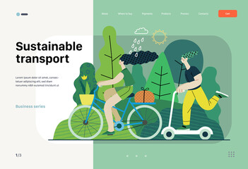 Ecology - Sustainable transport -Modern flat vector concept illustration of a young woman ridyng bycycle and a man on the scooter. Ecological transport metaphor. Creative landing web page template