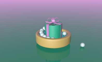 3D image. An abstract holiday idea, a round gift box with a pink bow stands in a 3d pool, balls float around. - 516229360