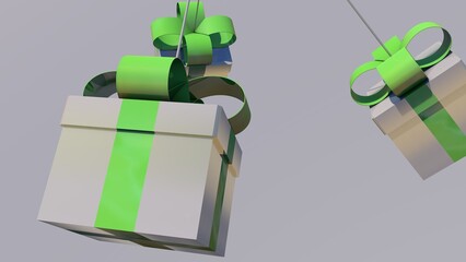 3D image. Gray or silver gift box with a green bow on a gray background.
