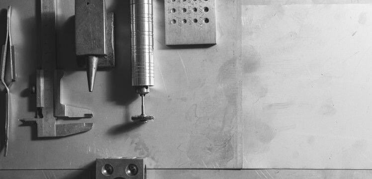 Equipment and tools of a goldsmith on metal background. Copyspace