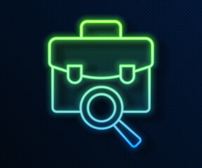 Glowing neon line Magnifying glass with briefcase icon isolated on blue background. Job hunting. Work search concept. Unemployment, head hunting, career. Vector