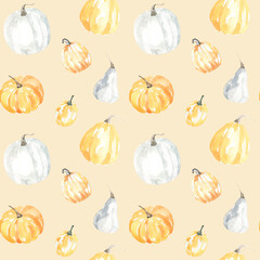 Watercolor pumpkin, figs, leaves seamless pattern isolated. Hand painted beige botanical autumn floral illustration, pumpkin ornament for thanksgiving, halloween fabric, greeting card design,diy