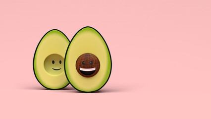 Cute happy smiling avocado emoji characters isolated on pink background. 3D illustration render.