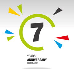 7 Years Anniversary, number in broken circle with colorful bang of confetti, logo, icon, white background