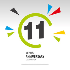 11 Years Anniversary, number in broken circle with colorful bang of confetti, logo, icon, white background