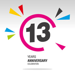13 Years Anniversary, number in broken circle with colorful bang of confetti, logo, icon, white background