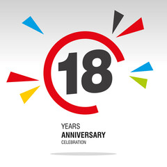 18 Years Anniversary, number in broken circle with colorful bang of confetti, logo, icon, white background
