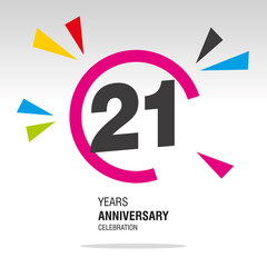 21 Years Anniversary, number in broken circle with colorful bang of confetti, logo, icon, white background