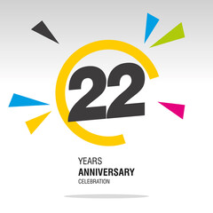 22 Years Anniversary, number in broken circle with colorful bang of confetti, logo, icon, white background