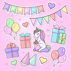 Set of stickers with dreaming unicorn and decorations for birthday party