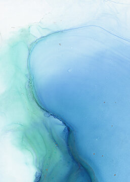 Abstract blue art with green &mdash; light blue background, beautiful smudges and stains made with alcohol ink. Turquoise fluid art texture resembles fog, smoke, air, water, watercolor or aquarelle.