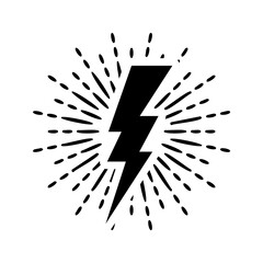 Vintage lightning bolt and sun rays isolated on white background. Lightnings with sunburst effect. Thunderbolt, electric shock sign. Vector illustration