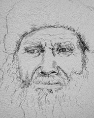 Old man with a mustache - illustration. Detailed drawing of an old sad man with a mustache and beard, drawn in pencil.