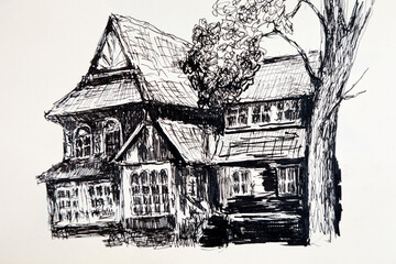 Old beautiful vintage cottage in the woods. A detailed sketch of a house with a tree made with liner