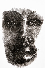 Scared face - illustration. Detailed picture of a frightened person with an open mouth, drawn by a liner. Young face with fear in his eyes
