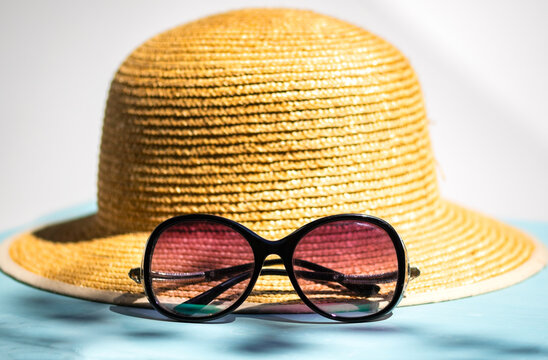 Female Yellow Straw Hat And Sunglasses For Beach Holiday 