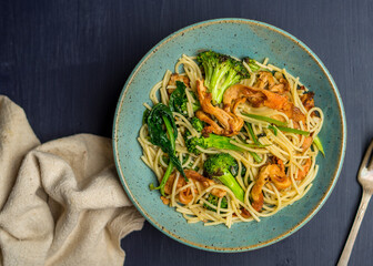 Pasta with broccoli, mushrooms and spinach