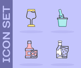 Set Beer bottle and glass, Wine, Whiskey and Champagne ice bucket icon. Vector