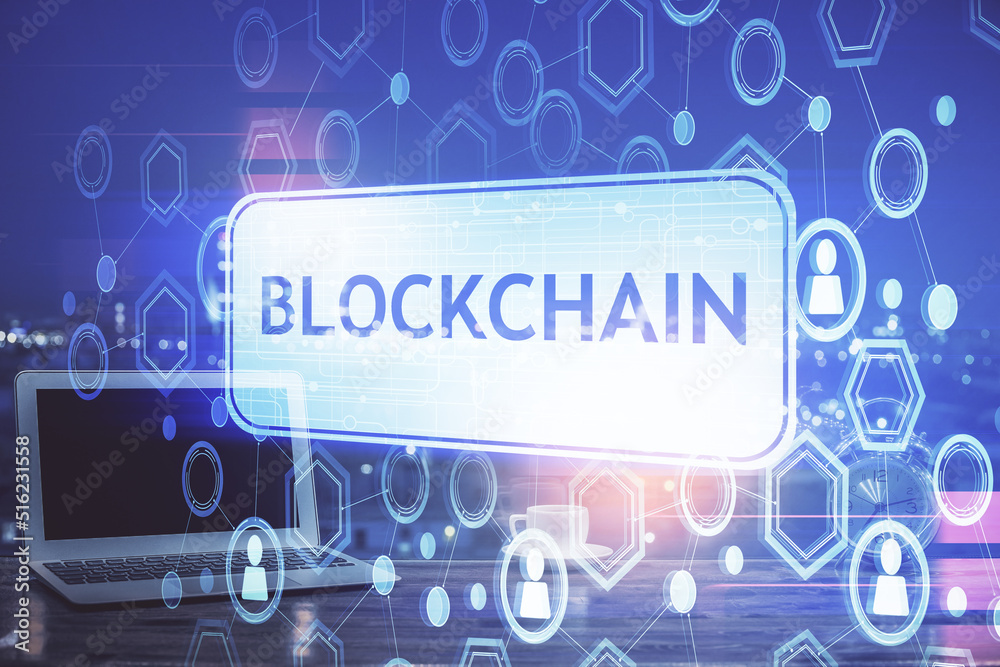 Poster Multi exposure of blockchain theme hologram and table with computer background. Concept of bitcoin crypto currency.
