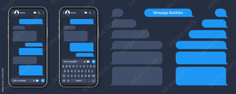 Wall mural Realistic smartphone with messaging app. Blank SMS text frame. Conversation chat screen with blue message bubbles. Social media application. Vector illustration.