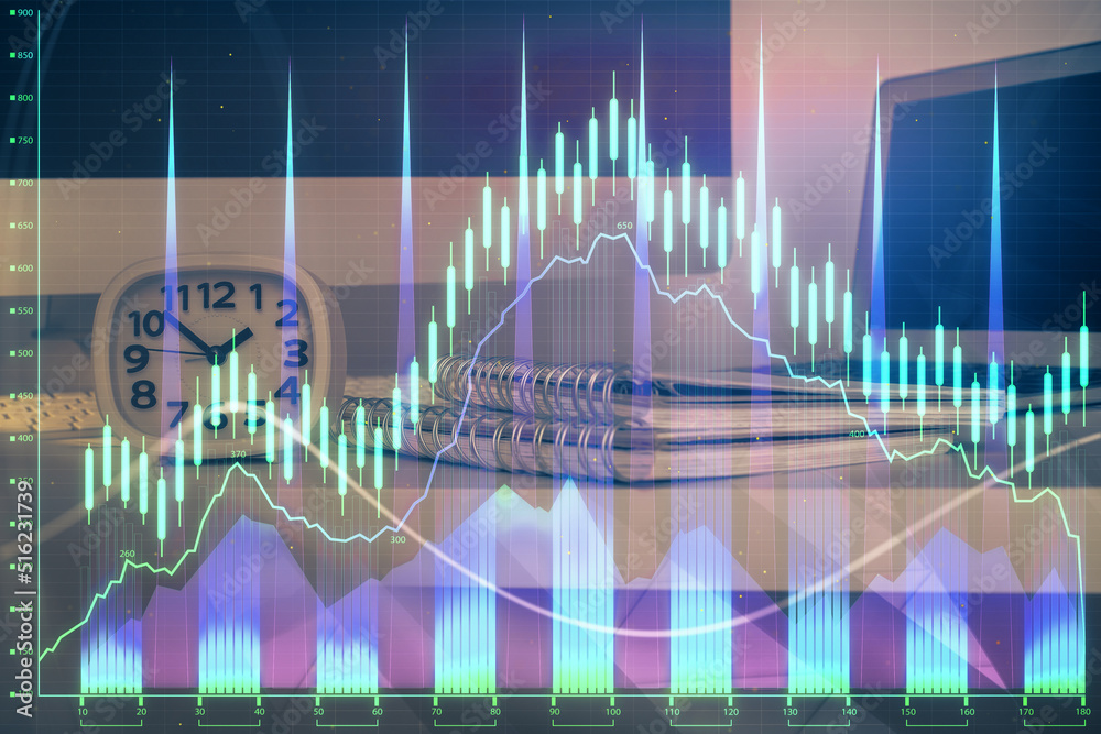Poster forex market graph hologram and personal computer on background. multi exposure. concept of investme