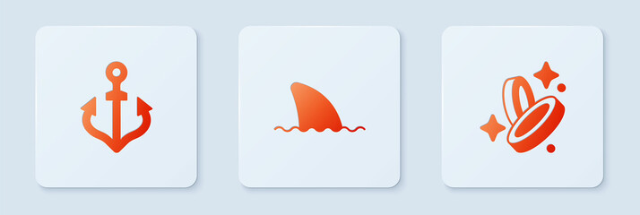 Set Shark fin in ocean wave, Anchor and Pirate coin. White square button. Vector