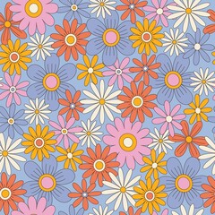 Fototapeta na wymiar The power of flower, retro pattern, modern, floral, vintage, 70s, yellow, pink, blue, flowers, fabric, wrapping paper