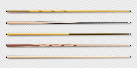 Various wooden billiard cues. Snooker sports equipment. Vintage pool cue. Active recreation and entertainment. Vector illustration