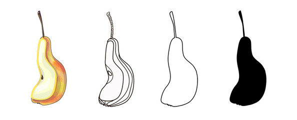 Set of four pieces of pears - cartoon style, black silhouette, doodles and outline. Vector illustration, isolated on white background