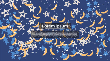 Fantasy celestial messy doodle geometric shapes background. Abstract star card, layout. Creative landing page or business background. Advertisement cover.