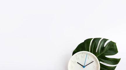 Modern wall clock and green monstera leaf on white background. Slow life concept. Selective focus,...