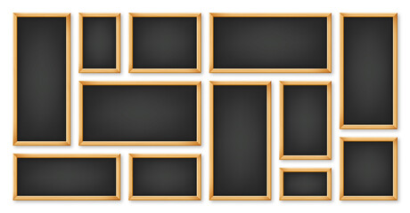 Realistic various chalkboards in a wooden frame. Black restaurant menu board. School blackboard, writing surface for text or drawing. Blank advertising or presentation boards. Vector illustration