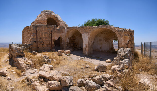 The summit of the mount Kabir with remains of Sheikh Bilal's tomb. Ruined walls of the small prayer house next to the tomb. Mount Kabir Nature Reserve, located in Samaria near the city Nablus.
