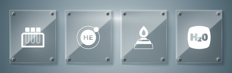 Set Chemical formula H2O, Alcohol spirit burner, Helium and Test tube. Square glass panels. Vector
