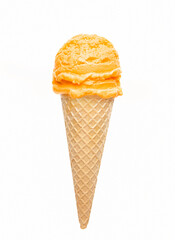Peach ice cream scoop with cone on white background