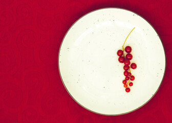 Red currant on a white plate on a red background 