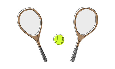Big tennis colored set with racket and ball one line art. Continuous line drawing of tennis, string, sport, sports, activity, club, game, training, equipment, professional championship play, color.