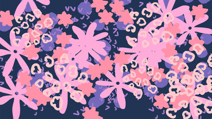 Fototapeta na wymiar Fantasy ditsy floral doodle shapes background. Messy abstract card, layout. Creative cute landing page or business background. Advertisement cover, wedding card.