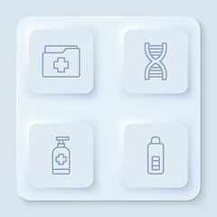 Set line Patient record, DNA symbol, Antibacterial soap and Digital thermometer. White square button. Vector