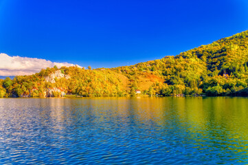 Great Pliva lake landscape during sunny autumn day.