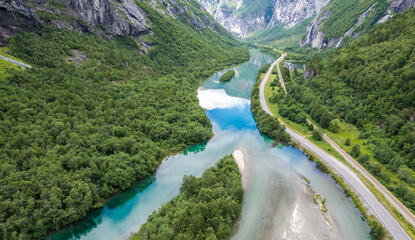 Scenic Norwegian Rauma River Aerial View.
