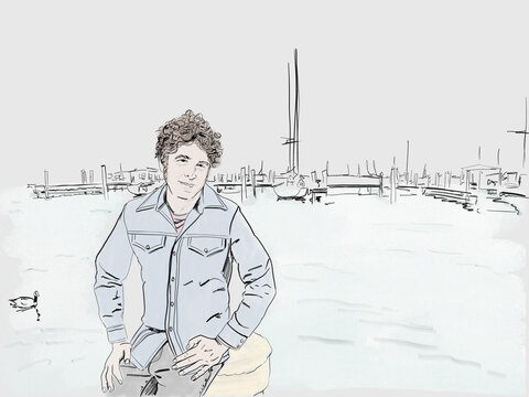 Hand drawn illustration. A man smiles, friendly, posing for a photo at a harbor with sailboats beyond.