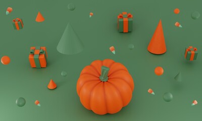 3D render. Autumn fantasy composition. Autumn cartoon pumpkin gifts and geometric shapes. 3d illustration