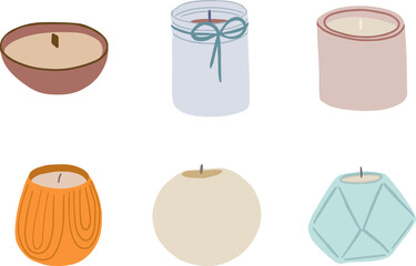 Scented candle icons set for home fragrance, calming, mood. Vector illustration
