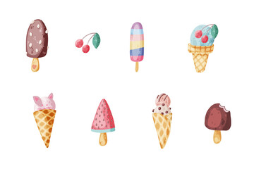 Cute ice cream icon in cartoon style vector illustration.